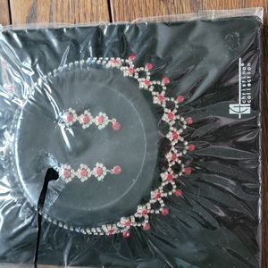 Rhinestone clear and red tiara style necklace and dangle earrings